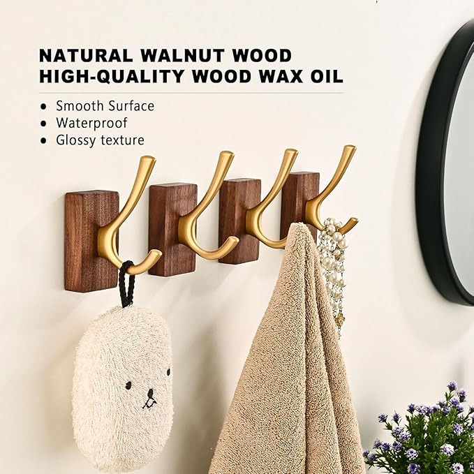 8 Pack Walnut Wood Wall Coat Hooks for Hanging, Adhesive Mounted & Wall Mount Heavy Duty Wooden Double Hook Hanger for Towel Backpack Hat Jacket Clothes Blanket Purse Robe Key Stain Gold Hook