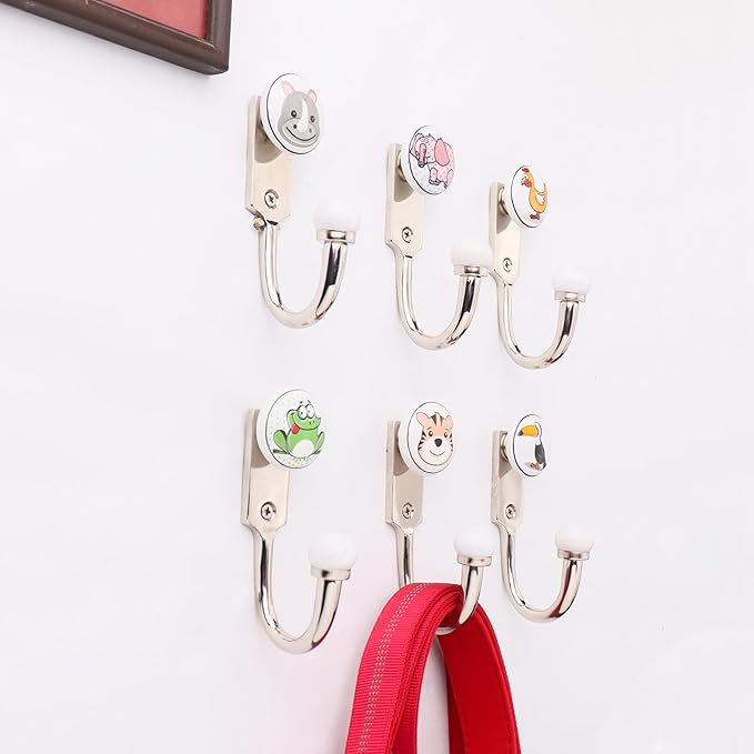 IndianShelf Pack of 6 Multicolor Ceramic Animal Wall Hooks – Vintage Funny Coat Hooks for Wall, Key Holder, Decorative Hangers for Clothes, Bags & Accessories