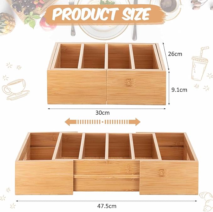 Juexica 11.8"-18.7" Expandable Bamboo Lid Organizer for Cabinet Adjustable Kitchen Cabinet Organizer Drawer Kitchen Organization with Dividers for Food Container Pantry Storage, Natural