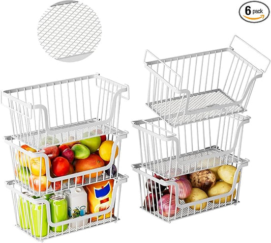 6 Pack Enhanced Leak-Proof Bottom Stackable Wire Baskets, Pantry Organizers and Storage, pantry storageï¼Shelf Baskets, Fruit Basket, Potato and Onion Storage Binsï¼(White)