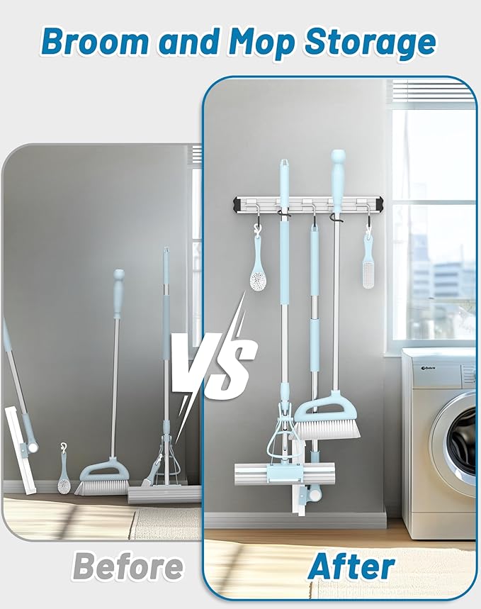 Mop and Broom Holder Wall Mount Garden Tool Rack Organizer, Modern Style,Movable Aluminum Alloy Wall Mounted Hook 2 Pack,Storage Gift for Bathroom,Closet,Laundry Room,Garage,Tool Room(Black)