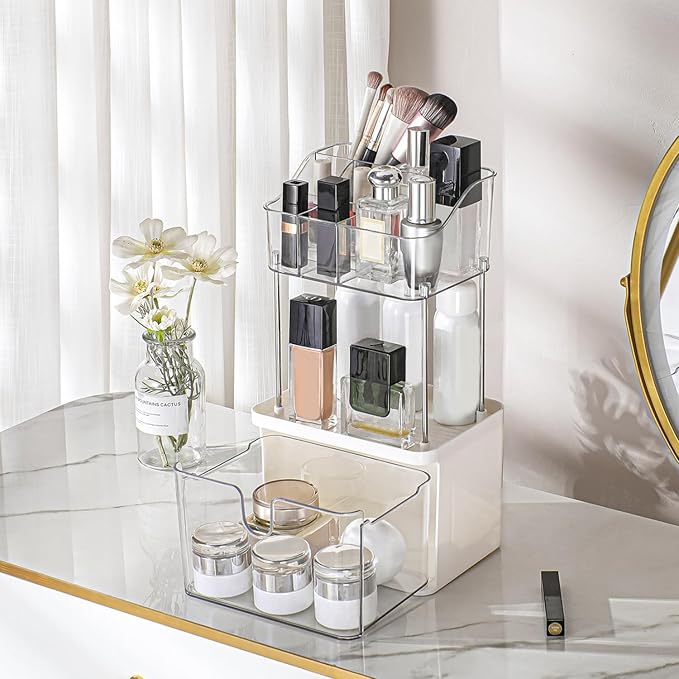 FORUP Makeup Organizer for Vanity, 2-Tier 1-Drawer Bathroom Counter Organizer, Multi-Purpose Vanity Organizer, Skincare Perfume Organizers, Cosmetic Dresser Organizer for Vanity Countertop, Clear