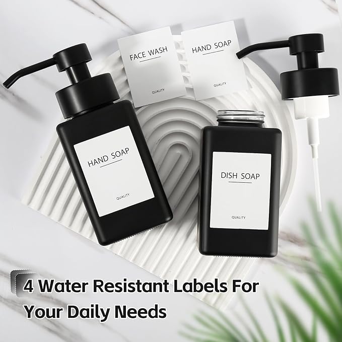 Black Foaming Hand Soap Dispenser, 12oz/350ml Glass Square Foam Soap Dispenser Set, 2Pcs Foaming Soap Dispenser with Foaming Pump, Refillable Soap Foam Dispenser for Bathroom, Kitchen