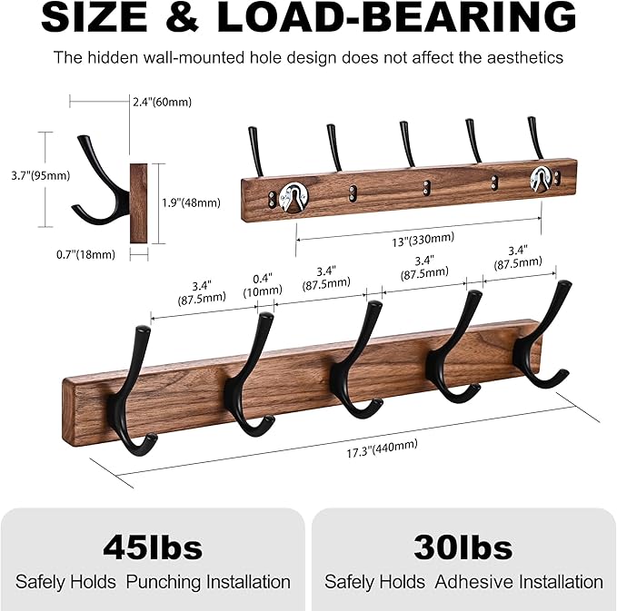 17.3" Small Walnut Wood Coat Rack Wall Mount with 5 Hooks, Heavy Duty Wooden Jacket Hanger Door Mounted for Decorative Entryway and Bathroom Hanging Towel Backpack Purse Clothes Hat Key