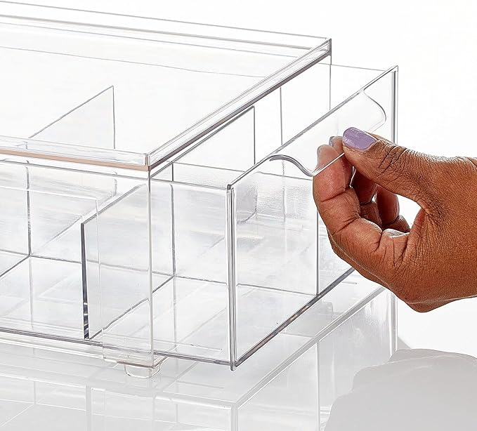 mDesign Plastic Kitchen and Pantry Organizer with Divided Drawer - Stackable Bin with 8 Sections for Tea and Snack Food - Perfect for Organizing Cabinet, Fridge - Lumiere Collection - 2 Pack - Clear