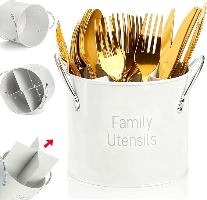 Vintage Utensil Holder, 4 Compartment Metal Silverware Caddy with Removable Divider, Rotating Spatula Crock for Countertop, White Cooking Utensil Organizer for Spoons Knives Forks