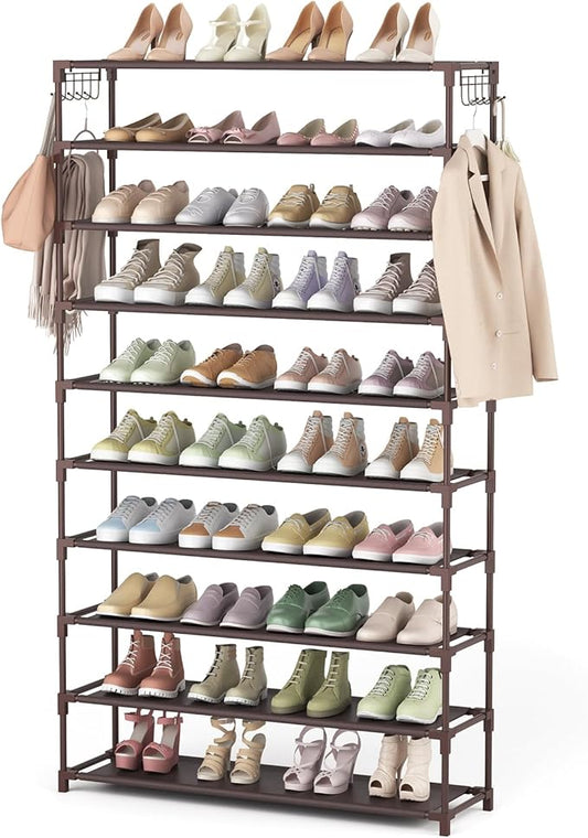 10 Tiers Shoe Rack 50 Pairs Large Capacity Tall Shoe Organizer Sturdy Shoe Storage with Two Hooks Space Saving Metal Wide Shoe Rack for Closet, Entryway, Bedroom, Brown