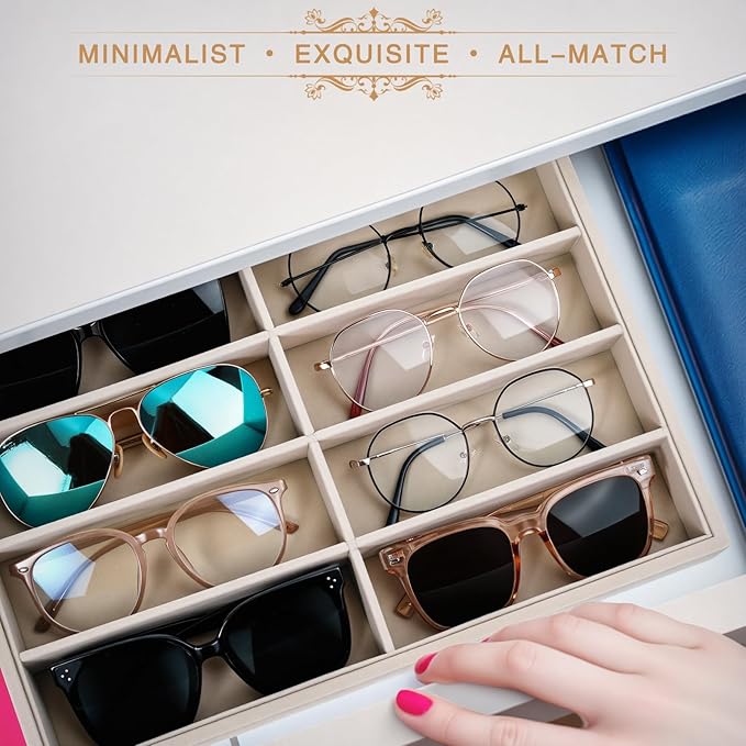 Emibele Sunglass Organizer Jewelry Tray, 8 Grids Velvet Glasses Watch Storage Stackable Tray, Eyeglasses Jewelry Showcase Display Organizerï¼Beige
