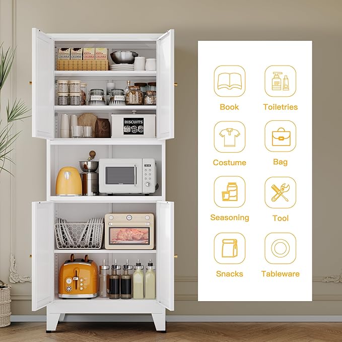 69" Tall Metal Pantry Cabinet with Microwave Shelf,Microwave Storage Cabinet with 4 Doors & 3 Adjustable Shelves,Metal Cabinet with Storage for Kitchen Dining Room Living Room(1PC,White)