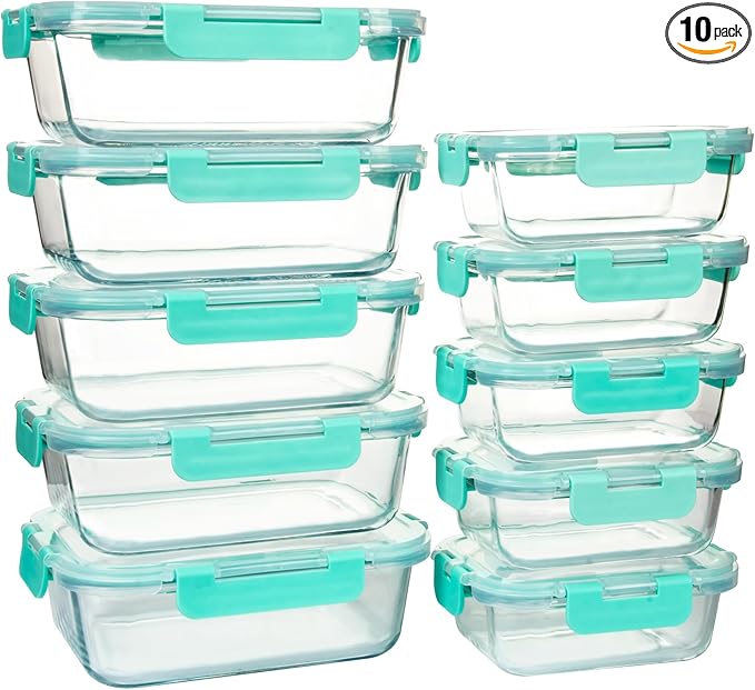 UMEIED 10 PACK Glass Food Storage Containers with Leak Proof Lids, Glass Airtight Meal Prep Containers Set for Lunch, On the Go, Leftover, Kitchen Pantry Organizers and Storage (Mint Green)