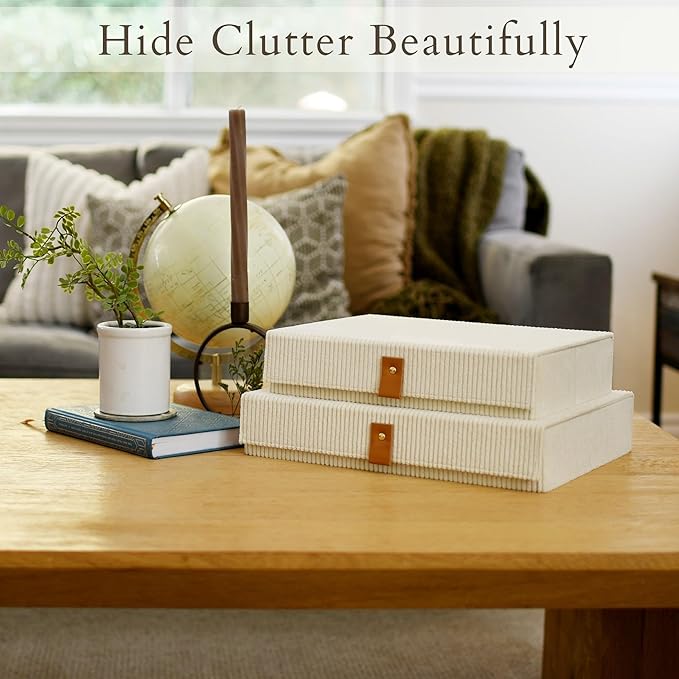 Cozy Corduroy Decorative Keepsake Storage Boxes with Lids - Set of 2 Giftable Haven Boxes For Photos, Memory Box, Bookshelf Decor, Photo Box, Keepsake Storage, Home Décor, Manage Clutter