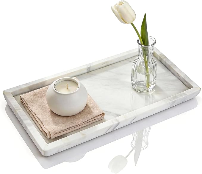 Natural Marble Vanity Bathroom Tray, 12 x 6 Inch Elegant Home Decor Tray for Kitchen,Bathroom,Dresser, Coffee Table,Sink Storage Holder Organizer, Jazz White (NS051)