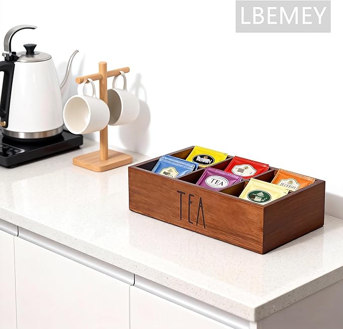 Tea Bag Organizer,Acacia Wood Tea Storage Containers with 6 Compartments, Sugar Packet Holder,Tea Bag Caddy Box for Cabinet Countertop Office (Brown- Labeled TEA)