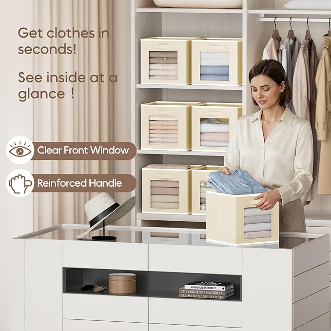 Foldable Storage Cubes - Cubby Storage Organizer with Window, Decorative Baskets for Organizing, Fabric Bins for Clothes Storage, Closet Storage Cubes-11inch, Set of 8, Beige