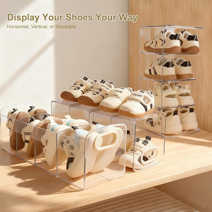 Clear Acrylic Kids Shoe Rack for Closet, Baby Shoe Organizer and Storage, 4 Sections Toddler Shoe Storage Organizer for Closet, Desk File Sorter Book Purse Organizers (2 Pcs)