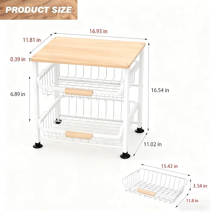 3-Layer Fruit Basket Kitchen Food Organizer and Rack Rolling Pantry Kitchen Cart On Wheels with Wood Top Table,Pull-Out Hollow Metal Basket for Sorting Spice Snacks Vegetables,White