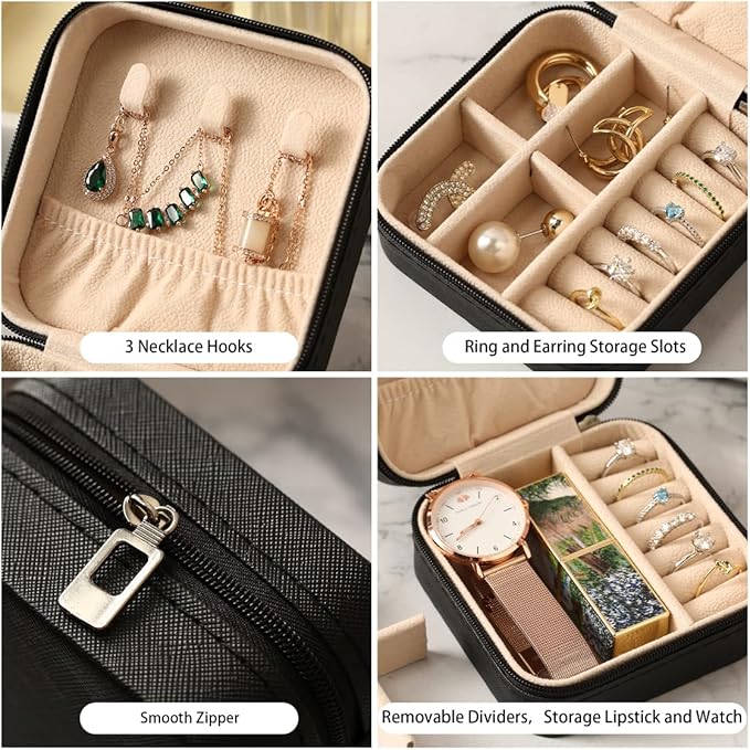 Travel Jewelry Case, Mini Portable Jewelry Travel Boxes, Small Jewelry Organizer for Rings, Earrings, Pendants, Watches, Necklaces, Lipsticks Organizer Storage Holder Case (Black)