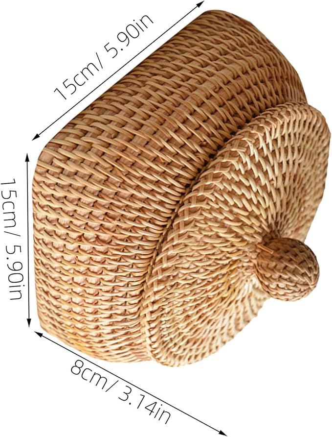 STOBAZA Small Round Remote Control Storage Box Woven Rattan Basket with Lid 3.15X4.33X3.15 Inches Compact Desktop Organizer for Living Room Coffee Table Sundries