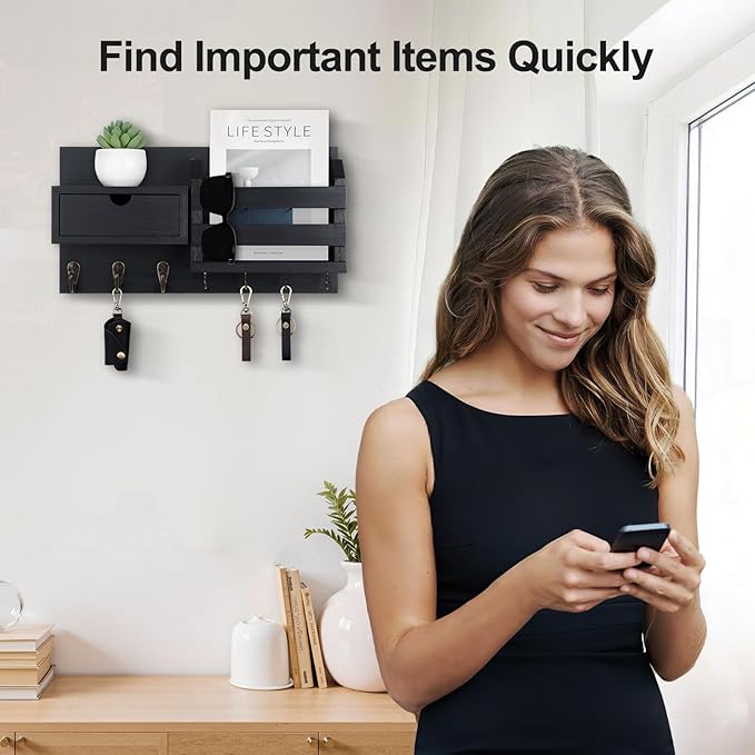 Wall Mount Key Holder with Mail Organizer, 100% Paulownia Wood, 7 Metal Hooks, Storage Drawer, Entryway Home Decor (Black)