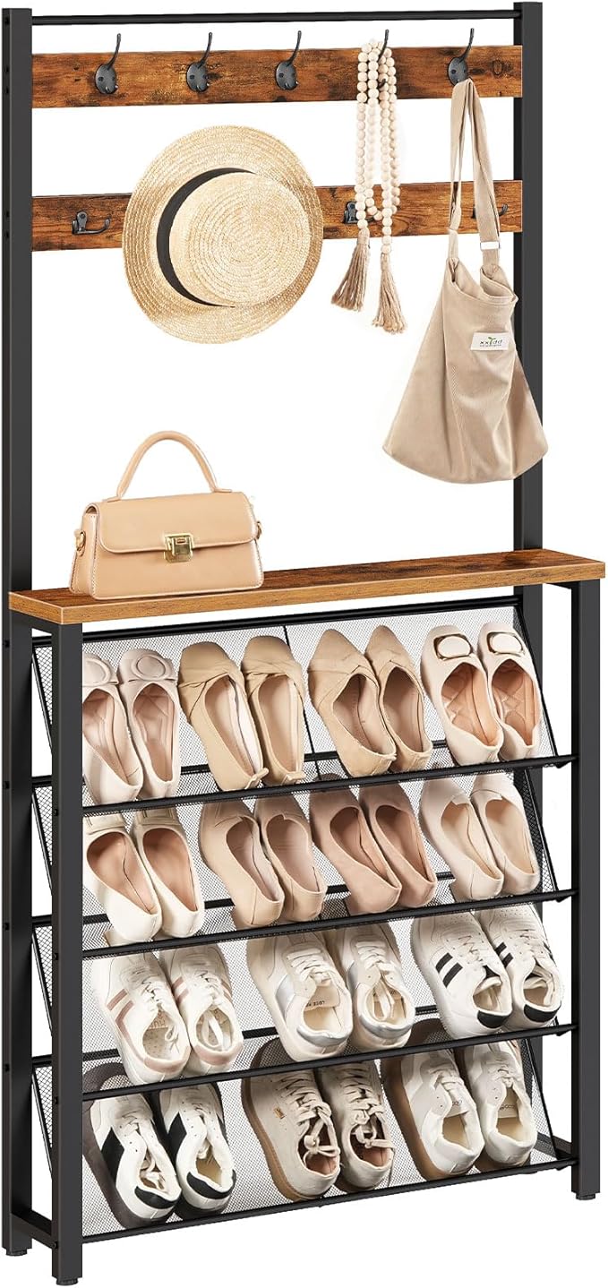 HOOBRO Hall Tree with Bench, Narrow Shoe Rack with Coat Rack, Coat Rack with Shoe Storage, 5 Tier Slanted Shoe Storage Organizer, Coat and Shoe Rack Entryway, Slim Hall Tree, Rustic Brown BF20MT01