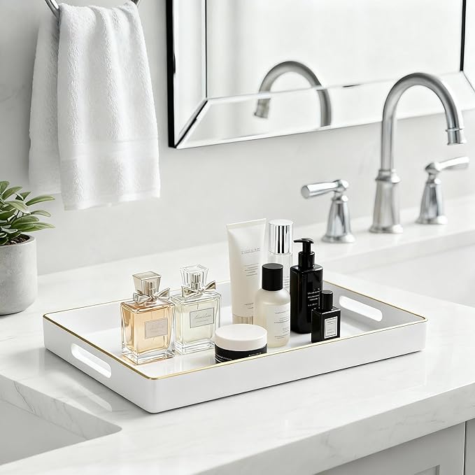 Zosenley Decorative Tray, Rectangular Plastic Tray with Handles, Modern Vanity Tray and Serving Tray for Bathroom, Kitchen, Ottoman and Coffee Table, 15.6â x 10.2â (White)