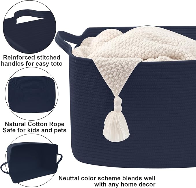 Magazine & Newspaper Baskets,65L Large Woven Rope Blanket Basket,21"x16"x12"Storage Bin with Handle,Toys Storage,Laundry Basket for Home Organization/Living Room/Nursery/Bedroom,Navy