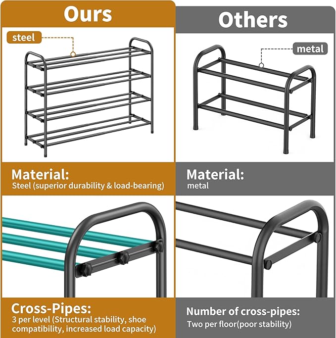 4-Tier Expandable Shoe Rack for Entryway，Adjustable Metal Shoe Organizer for Closet,Living Room,Dorm,Black