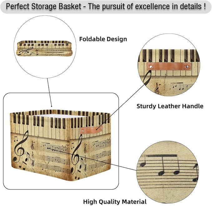 AUUXVA Storage Basket Vintage Music Note Piano Key Storage Cube Box Durable Canvas Collapsible Toy Basket Organizer Bin with Handles for Shelf Closet Bedroom Home Office