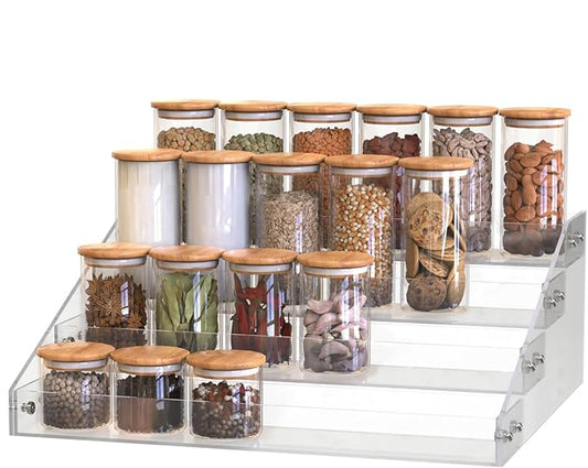 4 Step Acrylic Spice Rack Organizer for Cabinet, Transparent Display Riser Shelf Seasoning Organizer for Countertop Cupboard Pantry, Condiment Jar Kitchen Storage Holder Stylish Display Stand