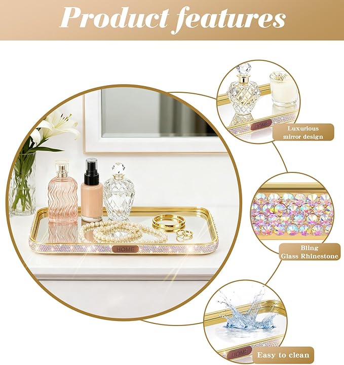 Yivaiks Bathroom Gold Tray Jewelry Perfume Makeup Organizer Decorative Tray for Vanity, Dresser, Bathroom, Bedroom Entrance Hall, Living Room(11.8IN Colorful)