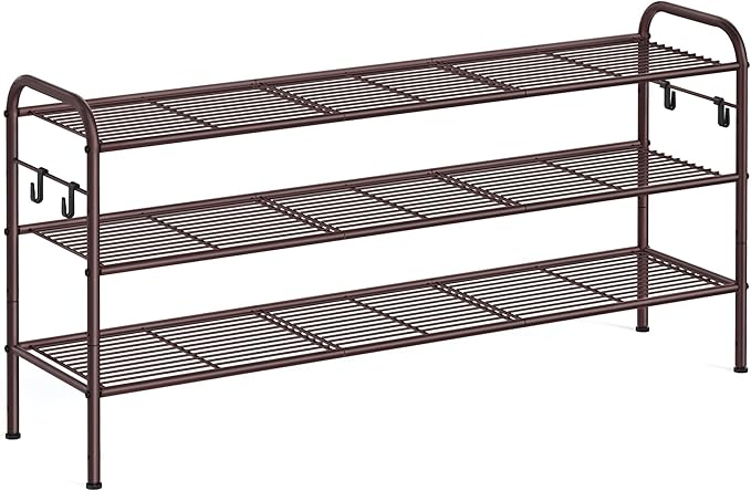 SONGMICS Shoe Rack, 3-Tier Shoe Organizer, Metal Shoe Shelf Storage with 4 Side Hooks, Holds 18 Pairs of Shoes, Height-Adjustable Shoe Rack for Entryway, Hallway, Closet, Chestnut Brown ULMR131A01