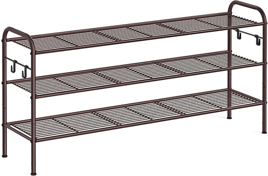 SONGMICS Shoe Rack, 3-Tier Shoe Organizer, Metal Shoe Shelf Storage with 4 Side Hooks, Holds 18 Pairs of Shoes, Height-Adjustable Shoe Rack for Entryway, Hallway, Closet, Chestnut Brown ULMR131A01
