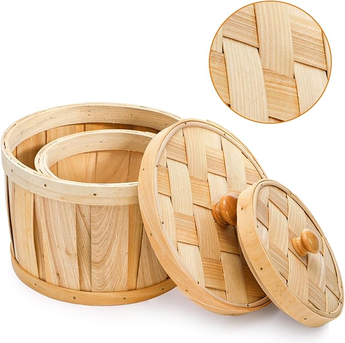 Lawei Set of 2 Round Woven Storage Baskets with Lids, Natural Woodchip Handmade Snack Fruit Organizer Bin for Kitchen, Small Wooden Decorative Box Empty Gift Containers for Shelf, Home, Bathroom Decor