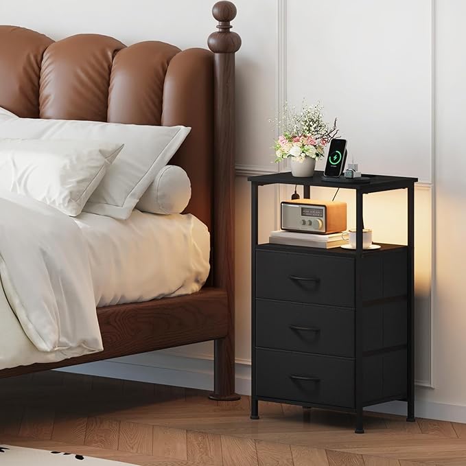 Somdot Black Nightstand with Charging Station and LED Light for Bedroom, Tall 3 Drawers Dresser with Fabric Bins for Bedside Kids Dorm Room Closet Laundry Entryway, Black