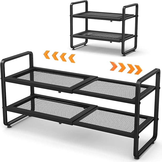 SNTD Shoe Rack - Expandable Shoe Organizer for Closet, Adjustable Metal Shoe Shelf Storage, Stackable Long Shoe Stand Holder for Garage, Entryway, Door Entrance (Black, 2-Tier)