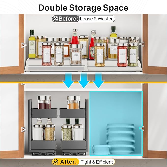iSPECLE Spice Rack Organizer for Cabinet - 1 Pack Rotate Pull Out Spice Racks for Easy Access, Adjust Height to Fit 4 oz to 8 oz Spice Jars, Peel and Stick, 10.2" D for Inside Cabinet