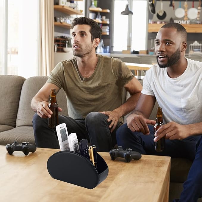 Leather Remote Control Holder with 5 Compartments TV Remote Caddy Storage Box/Tray,Desktop Organizer Store Controller,Glasses,Brush,Media Player,Pen,Space Saver for Bedside Table/Office Desk(Black)