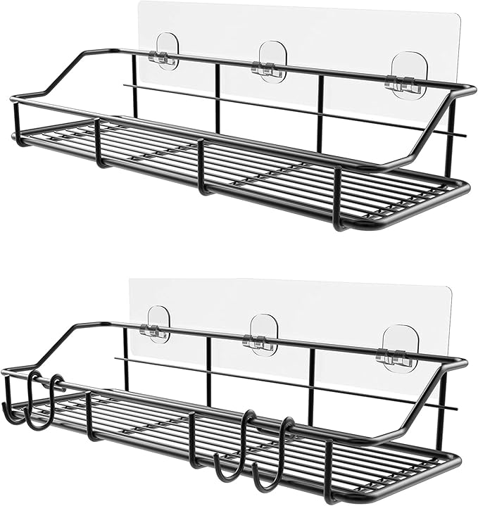 KESOL Adhesive Shower Caddy Shower Shelf Organizer with Hooks, SUS304 Stainless Steel, 2 Pack (Black)