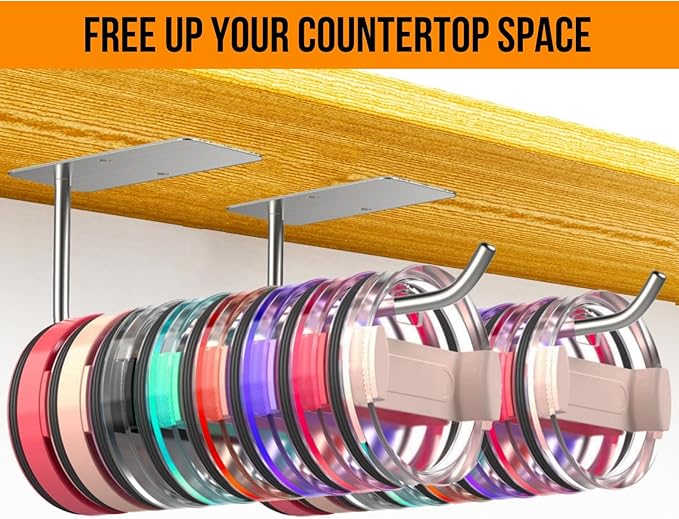 Tumbler Lid Organizer, Stainless Steel Tumbler Lid Holder Under Cabinet, Self Adhesive or Drilling Tumbler Lid Storage Hook, Cup Lid Organizer Wall Mount for Kitchen Cabinet (2, Silver)
