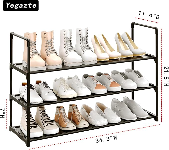 3-Tier Shoe Rack, Stores 12-15 Pairs of Shoes, Stackable & Adjustable, Space Saving Shelf Storage Organizer for Entryway, Hallway and Closet,Black