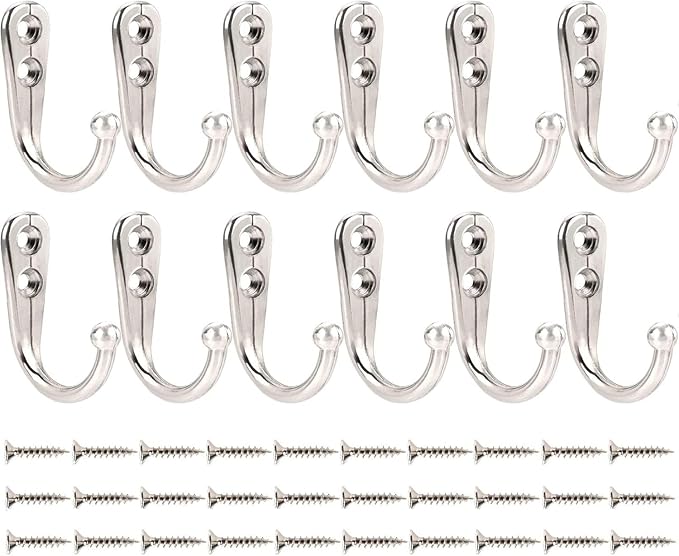 12 Pack Silver Coat Hooks Wall Mounted, Rustproof Zinc Alloy Metal Hooks for Hanging Coats, Heavy Duty Utility Key Holder Hooks with Screws for Bathroom, Entryway, Kitchen, Hat, Towel, Cup, Robe