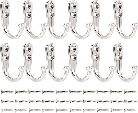 12 Pack Silver Coat Hooks Wall Mounted, Rustproof Zinc Alloy Metal Hooks for Hanging Coats, Heavy Duty Utility Key Holder Hooks with Screws for Bathroom, Entryway, Kitchen, Hat, Towel, Cup, Robe