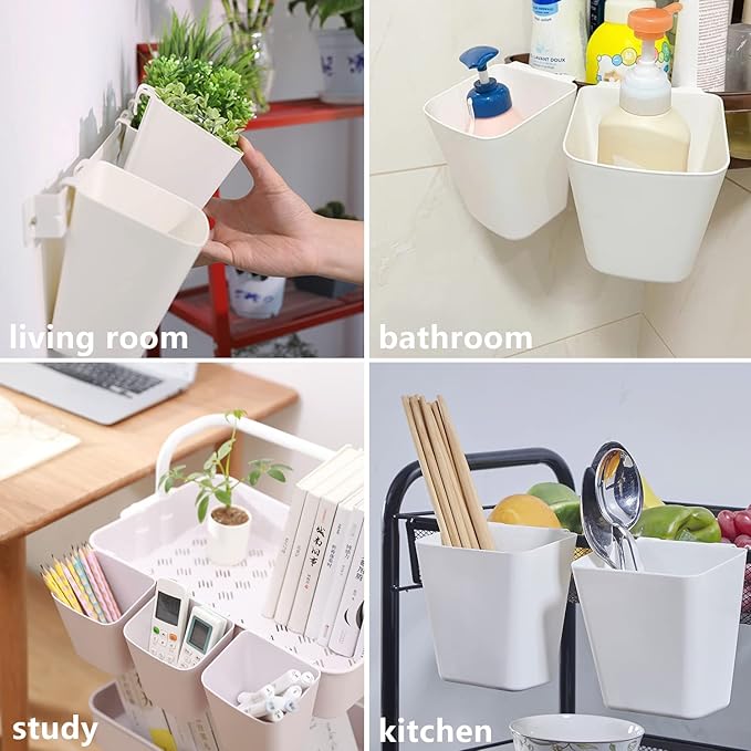 BOMKEE Hanging Cup Holder, 6 Pack Space Saving Utility Cart Rolling Cart Accessories Hanging Storage Basket Pencil Holder Makeup Organizers Storage Accessories, White