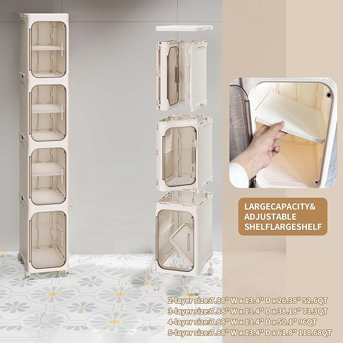Narrow Bathroom Storage Cabinet with Wheels,3 -Tier Plastic Slim Organizer with Adjustable Shelves for Small Spaces,Bathroom, Kitchen, Milky White