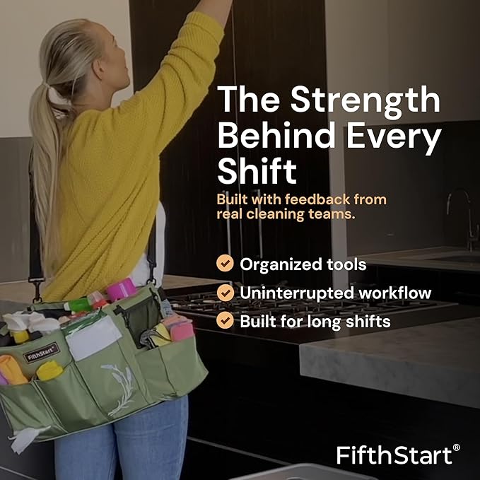 FifthStart Cleaning Caddy Organizer with Handle & Waist/Shoulder Straps - 9 Compartments & Mesh Base - Portable Cleaning Supply Caddy with Waste Bag Dispenser (Beige Floar, Large)