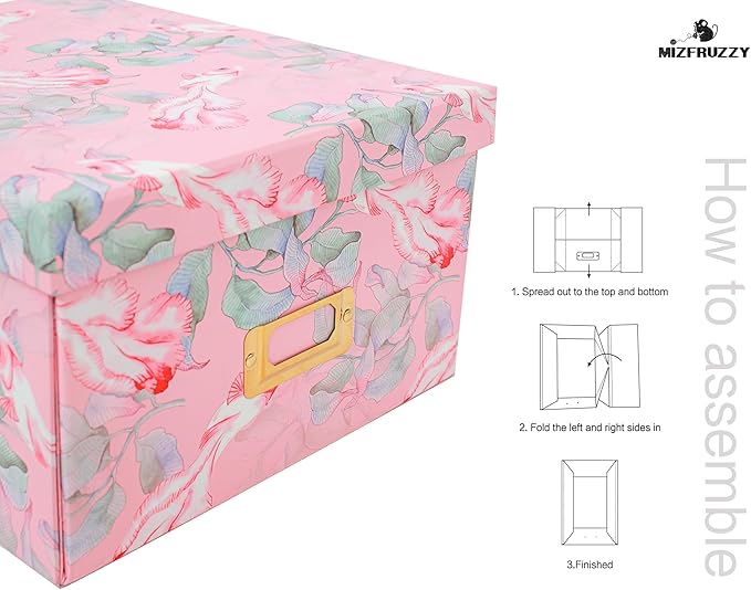 Decorative Storage Box with Lid, Foldable, Pink Floral, Metal Label Frame, Vintage, Cardboard Paperboard Keepsake box, Photo Storage for Memory, Home Decor, knick-knacks and Wool Organizer