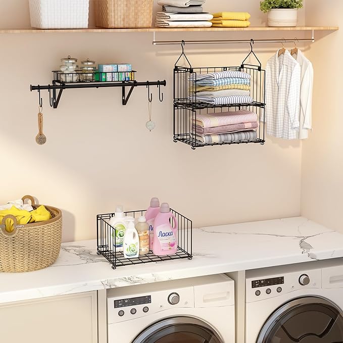 bukfen 3 Tier Hanging/Wall Closet Organizer with 4 Hooks,Stackable Closet Organizers and Storage Shelves,Foldable Wire Clothes Shelf,Hanging Laundry Basket Organizer，1 Pack