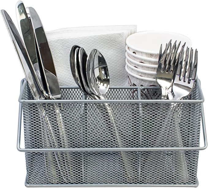 Sorbus® Utensil Caddy — Silverware, Napkin Holder, and Condiment Organizer — Multi-Purpose Steel Mesh Caddy—Ideal for Kitchen, Dining, Entertaining, Tailgating, Picnics, and much more (Silver)