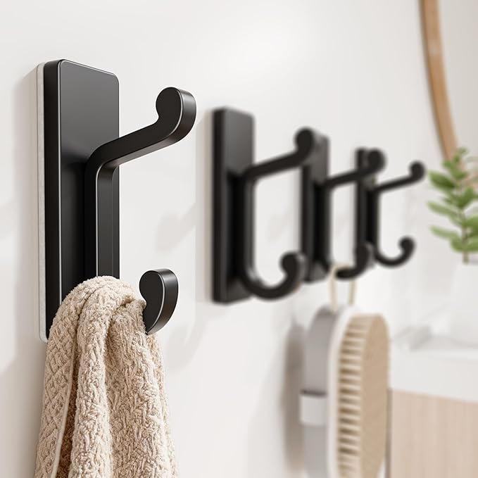 Self Adhesive Wall Hooks Black, Sticky Hangers Wall Mount, Holds 13Lbs for Clothes, Towel, Robes, Keys, Double Hooks for Bathroom, Bedroom and Door, 4 Pack.
