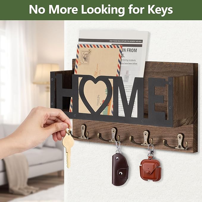 Wall Mount Mail and Key Holder, Wooden Mail Organizer with 4 Double Hooks, Black Metal Letters, Farmhouse Home Decor, Entryway Storage, 10.8 x 3.3 x 6.2 Inches